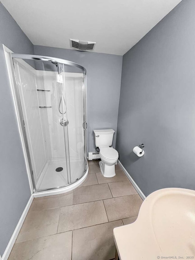 7 Ambler Rd W, Westport, CT 06880 - full bathroom with a shower stall, a baseboard radiator, and tile patterned floors
