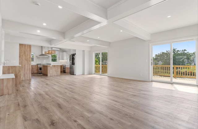 281 E Ave, Norwalk, CT 06850 - unfurnished living room featuring beam ceiling, light wood-type flooring, recessed lighting, and a chandelier