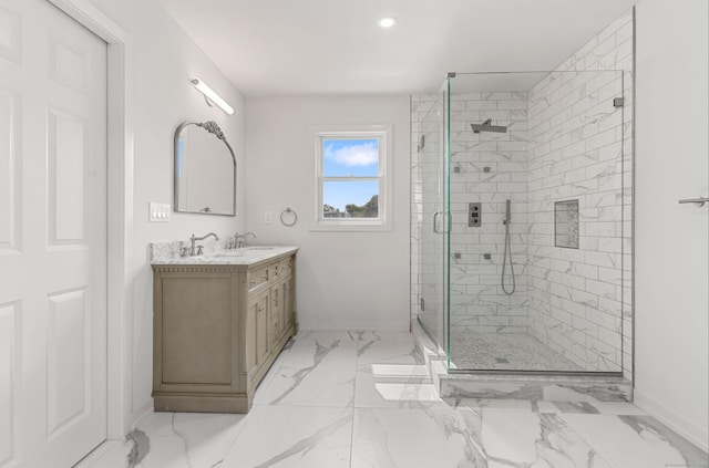 281 E Ave, Norwalk, CT 06850 - full bath with a shower stall, vanity, marble look tile flooring, and recessed lighting
