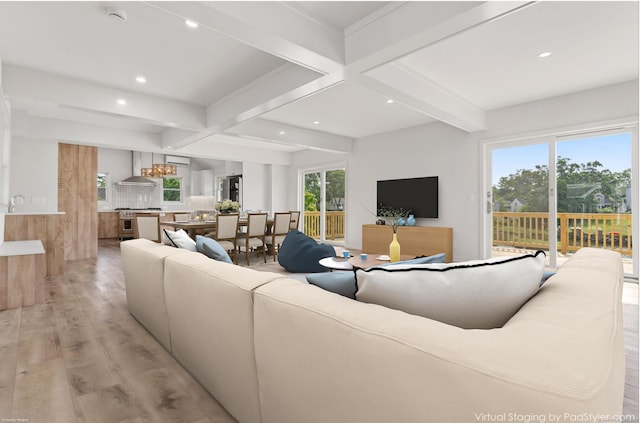 281 E Ave, Norwalk, CT 06850 - living area with beamed ceiling, light wood finished floors, and recessed lighting