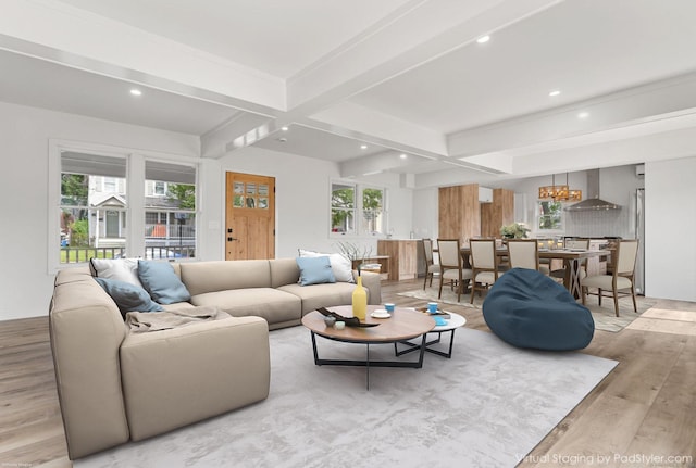 281 E Ave, Norwalk, CT 06850 - living area featuring wood finished floors, beamed ceiling, a chandelier, recessed lighting, and coffered ceiling
