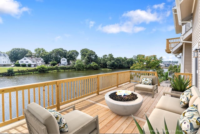 281 E Ave, Norwalk, CT 06850 - wooden terrace with an outdoor living space with a fire pit and a water view