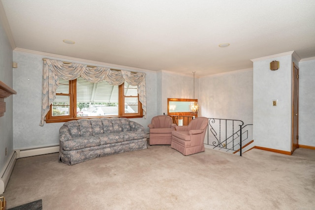 102 Herbert Dr, East Hartford, CT 06118 - living area featuring crown molding, carpet floors, and a baseboard radiator