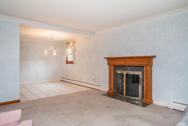 102 Herbert Dr, East Hartford, CT 06118 - unfurnished living room featuring a baseboard heating unit, ornamental molding, carpet floors, a high end fireplace, and tile patterned flooring