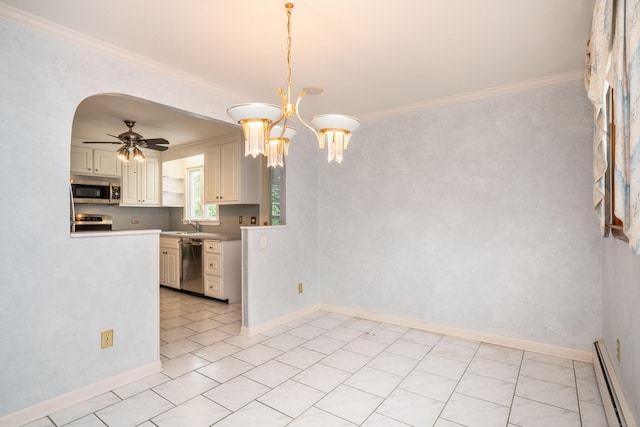 102 Herbert Dr, East Hartford, CT 06118 - kitchen with stainless steel appliances, baseboard heating, ornamental molding, ceiling fan, and a chandelier
