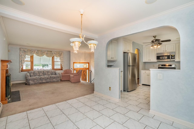 102 Herbert Dr, East Hartford, CT 06118 - living room featuring arched walkways, light carpet, crown molding, a chandelier, and ceiling fan