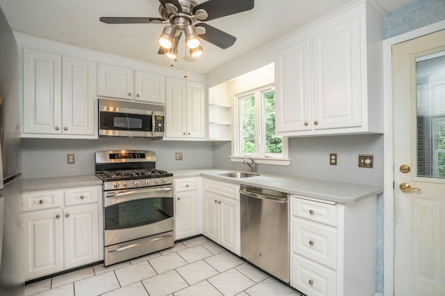 102 Herbert Dr, East Hartford, CT 06118 - kitchen with appliances with stainless steel finishes, white cabinetry, light countertops, a ceiling fan, and open shelves