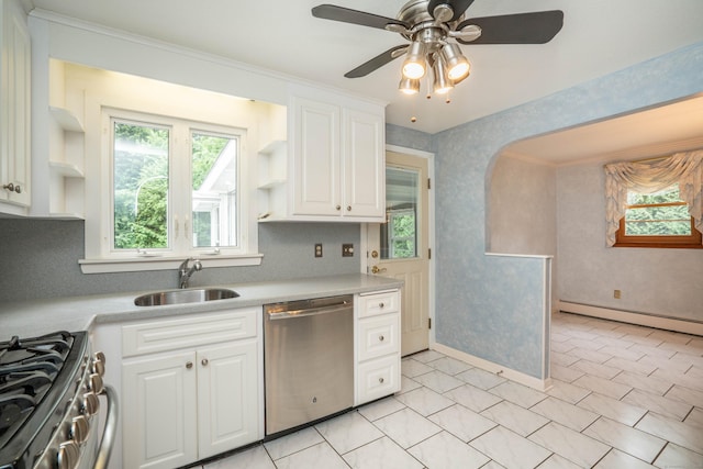 102 Herbert Dr, East Hartford, CT 06118 - kitchen featuring stainless steel appliances, open shelves, light countertops, ceiling fan, and healthy amount of natural light