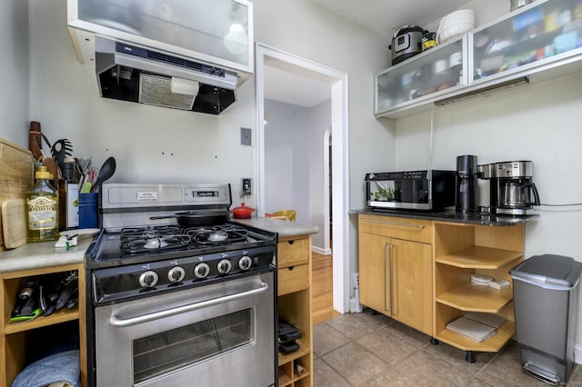 132 Summer St Unit 3C, Stamford, CT 06614 - kitchen featuring appliances with stainless steel finishes, range hood, open shelves, glass insert cabinets, and tile patterned floors