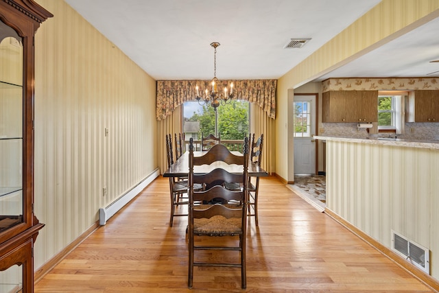 95 Flagg Ave, Watertown, CT 06779 - dining area featuring a baseboard heating unit, a chandelier, wallpapered walls, and light wood finished floors