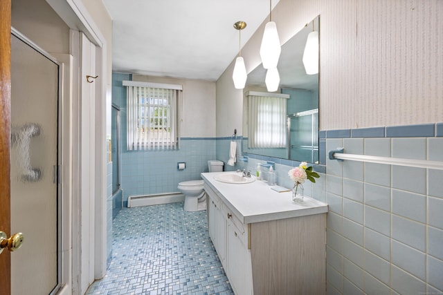 95 Flagg Ave, Watertown, CT 06779 - full bath with a baseboard radiator, tile walls, an enclosed shower, vanity, and wainscoting