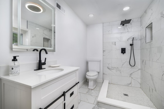 207 Hillcrest Rd, Bridgeport, CT 06606 - full bath featuring marble finish flooring, vanity, a tile shower, and recessed lighting