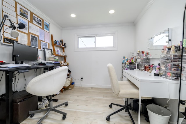 207 Hillcrest Rd, Bridgeport, CT 06606 - office area featuring ornamental molding, light wood finished floors, and recessed lighting