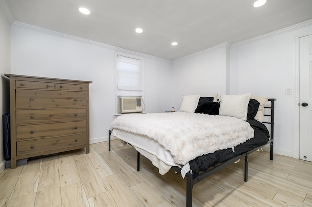 207 Hillcrest Rd, Bridgeport, CT 06606 - bedroom featuring ornamental molding, light wood finished floors, recessed lighting, and cooling unit