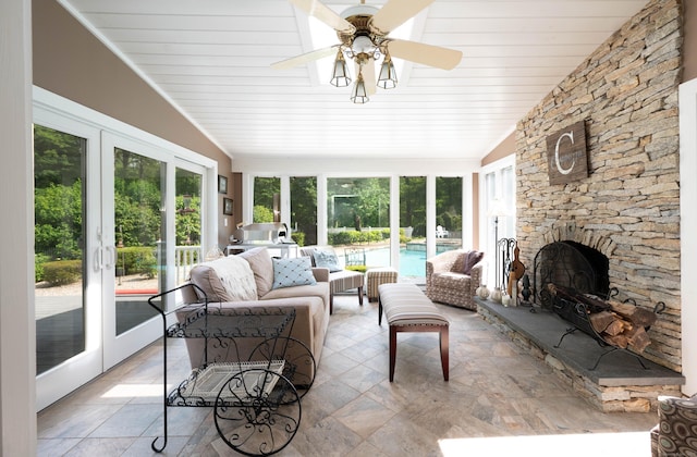 51 Wood Lot Ln, Southbury, CT 06488 - sunroom featuring healthy amount of natural light, vaulted ceiling, french doors, wooden ceiling, and stone finish floors
