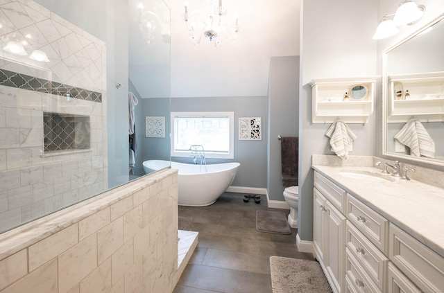 51 Wood Lot Ln, Southbury, CT 06488 - bathroom featuring a freestanding bath, vanity, a chandelier, tiled shower, and lofted ceiling