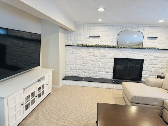 352 Knob Hill Dr, Hamden, CT 06518 - living room with carpet flooring, a stone fireplace, and recessed lighting
