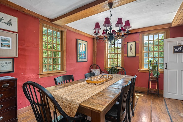 85 Potash Hill Rd, Sprague, CT 06330 - dining room featuring wood-type flooring, a chandelier, and beam ceiling