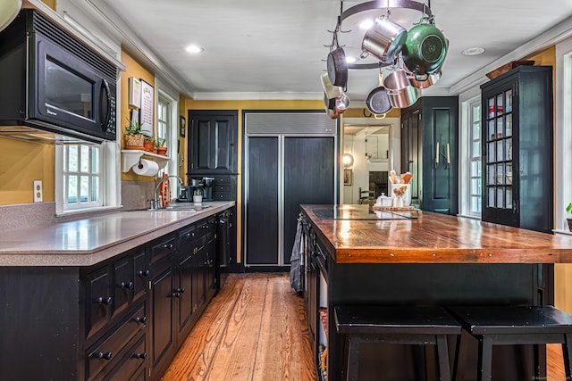 85 Potash Hill Rd, Sprague, CT 06330 - kitchen featuring black appliances, wood counters, dark cabinets, light wood-style flooring, and ornamental molding