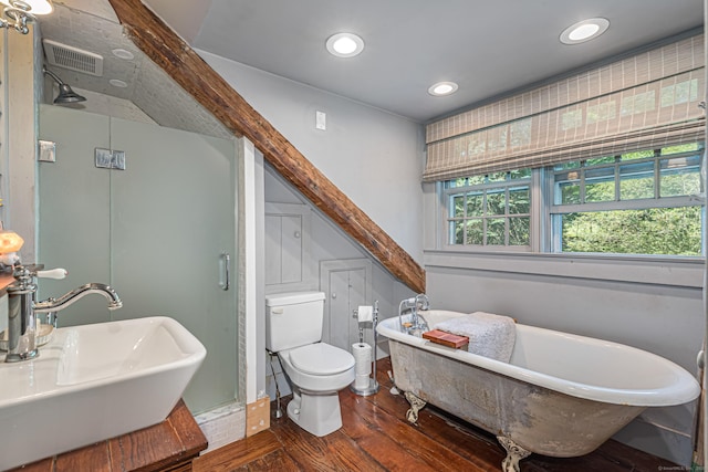85 Potash Hill Rd, Sprague, CT 06330 - bathroom with wood finished floors, a freestanding bath, a shower stall, and recessed lighting