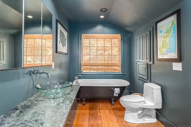 85 Potash Hill Rd, Sprague, CT 06330 - full bath with a soaking tub, vaulted ceiling, wood finished floors, vanity, and recessed lighting