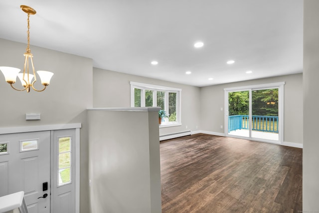 216 Old Monson Rd, Stafford, CT 06076 - foyer featuring a baseboard heating unit, a chandelier, dark wood-style floors, and recessed lighting