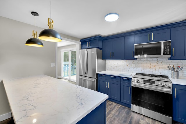 216 Old Monson Rd, Stafford, CT 06076 - kitchen featuring stainless steel appliances, blue cabinetry, tasteful backsplash, and dark wood-type flooring