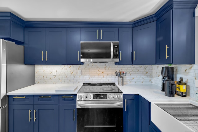 216 Old Monson Rd, Stafford, CT 06076 - kitchen featuring stainless steel appliances, blue cabinetry, and backsplash