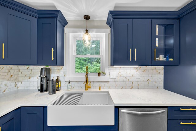 216 Old Monson Rd, Stafford, CT 06076 - kitchen featuring stainless steel dishwasher, tasteful backsplash, and blue cabinets