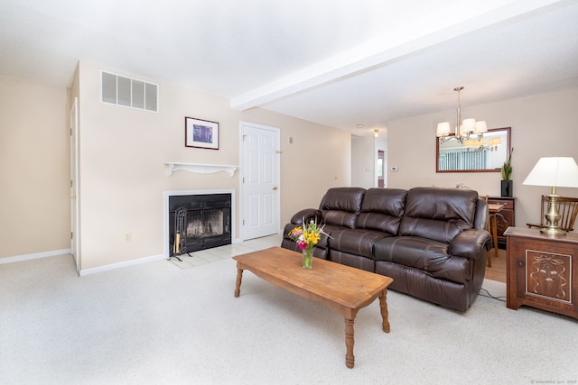 489 Wolcott St Unit 65, Bristol, CT 06010 - living area featuring a chandelier, light carpet, a fireplace with flush hearth, and beam ceiling