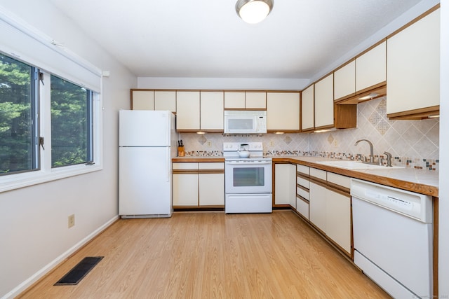 489 Wolcott St Unit 65, Bristol, CT 06010 - kitchen featuring white appliances, light wood finished floors, backsplash, and white cabinetry
