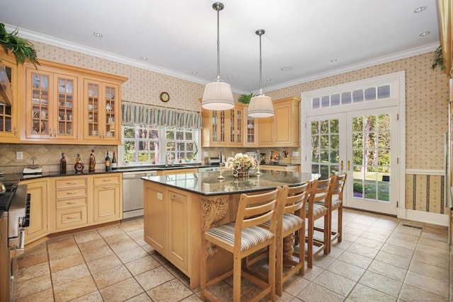 63 Turney Rd, Redding, CT 06896 - kitchen featuring wallpapered walls, stainless steel dishwasher, a center island, light tile patterned floors, and glass insert cabinets