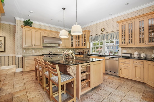 63 Turney Rd, Redding, CT 06896 - kitchen featuring stainless steel appliances, extractor fan, wallpapered walls, open shelves, and tasteful backsplash
