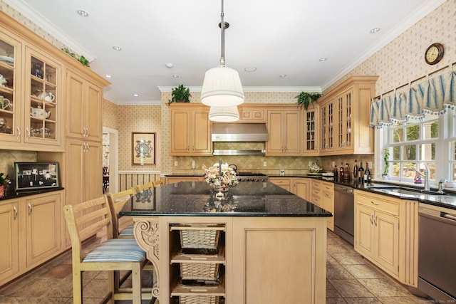 63 Turney Rd, Redding, CT 06896 - kitchen featuring dishwasher, wallpapered walls, crown molding, range hood, and a center island