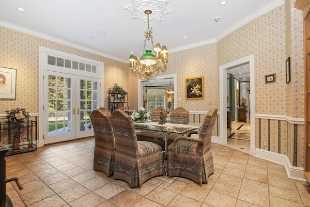 63 Turney Rd, Redding, CT 06896 - dining space with french doors, crown molding, a chandelier, wallpapered walls, and recessed lighting