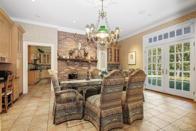 63 Turney Rd, Redding, CT 06896 - dining space with wallpapered walls, a chandelier, crown molding, light tile patterned floors, and french doors