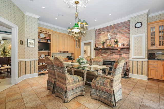 63 Turney Rd, Redding, CT 06896 - dining space with wallpapered walls, a chandelier, ornamental molding, stone tile floors, and recessed lighting