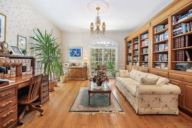 63 Turney Rd, Redding, CT 06896 - office featuring wallpapered walls, wood finished floors, and a chandelier