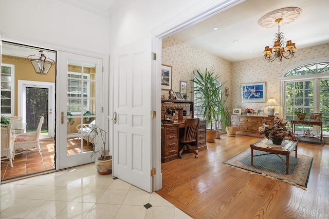 63 Turney Rd, Redding, CT 06896 - office featuring wallpapered walls, a chandelier, light tile patterned floors, crown molding, and recessed lighting