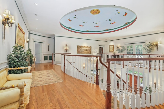 63 Turney Rd, Redding, CT 06896 - hallway with an upstairs landing, crown molding, wood finished floors, and recessed lighting