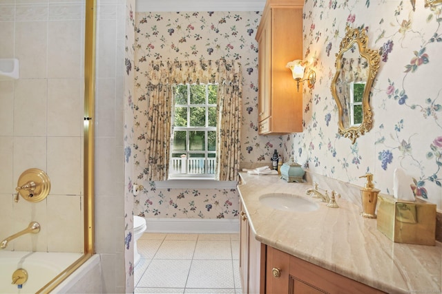 63 Turney Rd, Redding, CT 06896 - bathroom featuring wallpapered walls, tile patterned flooring, vanity, and shower / bath combination with glass door