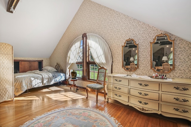 63 Turney Rd, Redding, CT 06896 - bedroom with wallpapered walls, lofted ceiling, and hardwood / wood-style floors