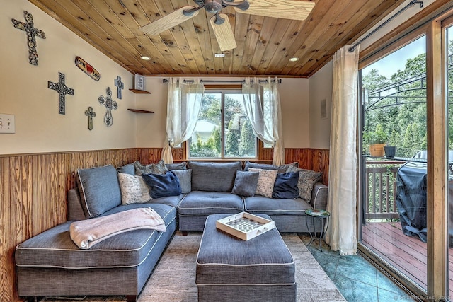 754 Riverside Dr, Orange, CT 06477 - living room with wainscoting, wood ceiling, wood walls, a ceiling fan, and tile patterned floors