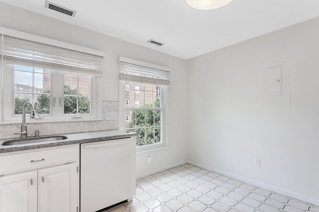 118 Grove St Apt 7, Stamford, CT 06901 - kitchen featuring dishwasher, light floors, electric panel, decorative backsplash, and white cabinetry