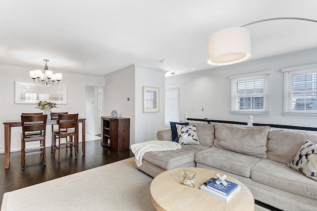 118 Grove St Apt 7, Stamford, CT 06901 - living area featuring dark wood-type flooring, a chandelier, and ornamental molding