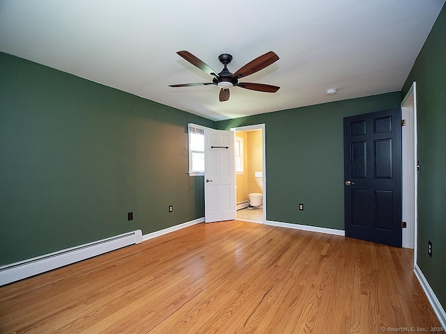 481 Gaylord Mountain Rd, Hamden, CT 06518 - unfurnished bedroom with a baseboard radiator, light wood-style floors, ensuite bath, and a ceiling fan