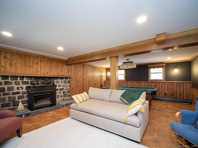 481 Gaylord Mountain Rd, Hamden, CT 06518 - living area featuring wooden walls, baseboard heating, crown molding, recessed lighting, and billiards