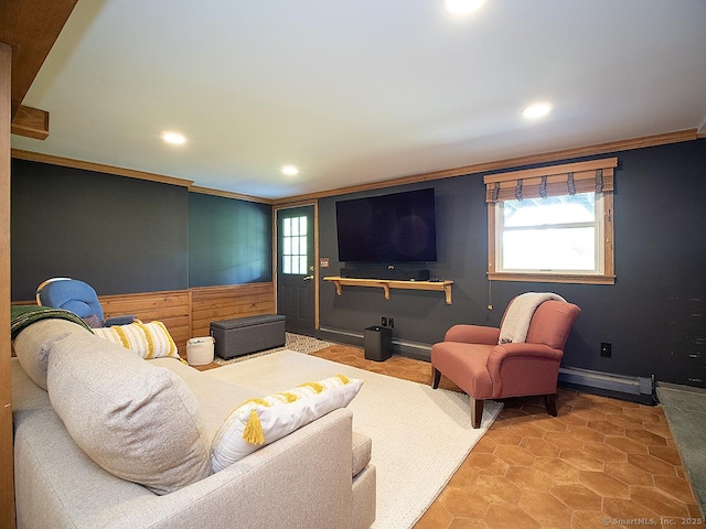 481 Gaylord Mountain Rd, Hamden, CT 06518 - living area featuring crown molding, recessed lighting, a baseboard radiator, and healthy amount of natural light