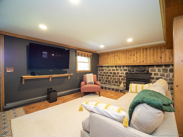 481 Gaylord Mountain Rd, Hamden, CT 06518 - tiled living area featuring ornamental molding, recessed lighting, wood walls, and a fireplace