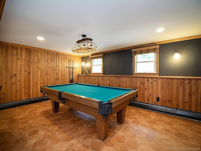 481 Gaylord Mountain Rd, Hamden, CT 06518 - rec room featuring wood walls, crown molding, wainscoting, billiards, and recessed lighting